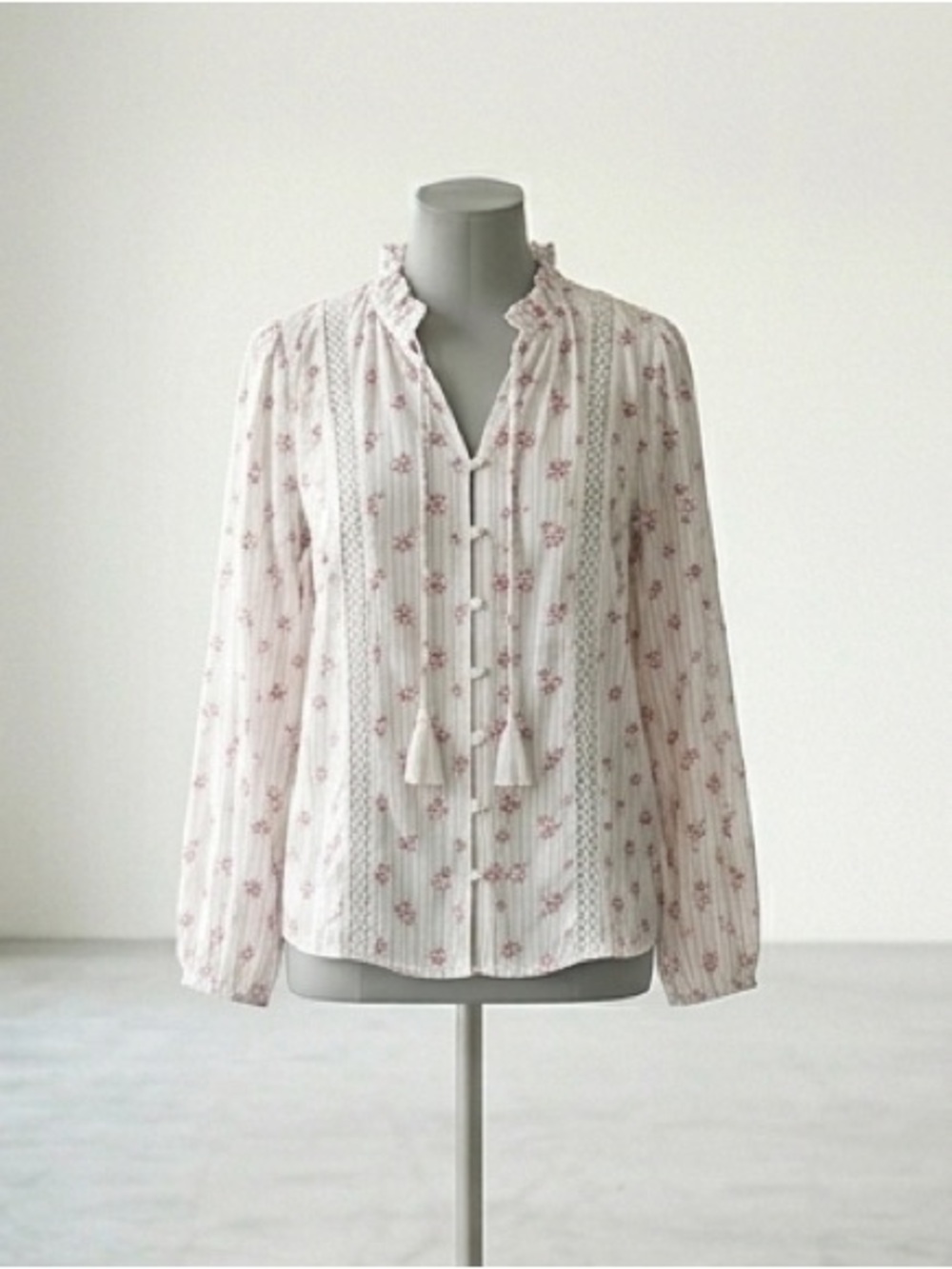 Women's Cream Blouse with Pink Floral Print and Tassel Tie